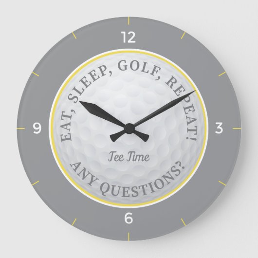 Custom Golf Ball Sport Golfer Zitat Grau & Gelb Große Wanduhr (Vorderseite)