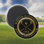 Custom Golf Club Name Retro Briefmarke Black and G Magnet<br><div class="desc">Mit seinen klassischen Crossing Clubs,  dem Design des Golfballs und der altertümlichen Briefmarke-Effektgrenze sind diese Golfmagnete für alle Golfclubs und Clubmitglieder geeignet. Personalisieren Sie Ihren Aufenthalt mit dem Namen des Clubmitglieds,  dem Namen des Golfklubs und dem Jahr,  in dem der Golfclub gegründet wurde. Entwickelt von Thisisnotme©</div>