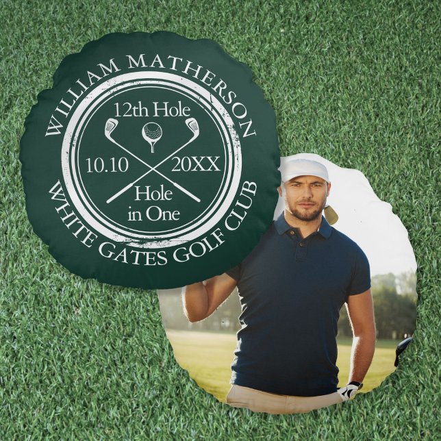 Custom Golf Hole in einem Foto Emerald Green Rundes Kissen (Custom Golf Hole in One Photo Emerald Green Round Pillow)