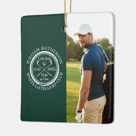 Custom Golf Hole in One Photo Golfer Emerald Keramikornament (Links)