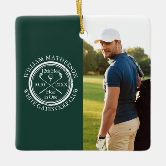 Custom Golf Hole in One Photo Golfer Emerald Keramikornament (Vorderseite)