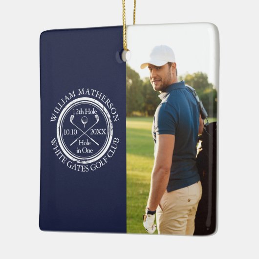 Custom Golf Hole in One Photo Golfer Navy Blue Keramikornament (Links)