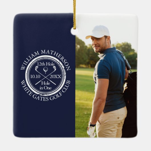 Custom Golf Hole in One Photo Golfer Navy Blue Keramikornament (Rückseite)
