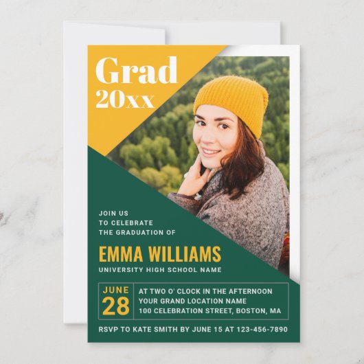 Custom Grad Modern Green Yellow | FOTO ABSCHLUSS Einladung (Vorderseite)