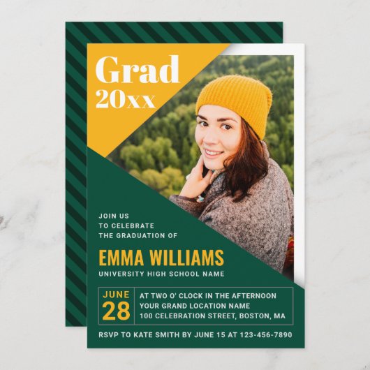 Custom Grad Modern Green Yellow | FOTO ABSCHLUSS Einladung (Vorne/Hinten)