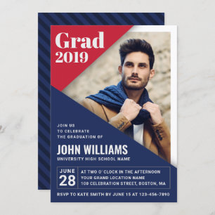 Custom GRAD Modern Red Blue White Foto Abschluss Einladung