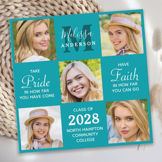 Custom Graduate 5 Foto Collage Aquamariner Abschlu Einladung
