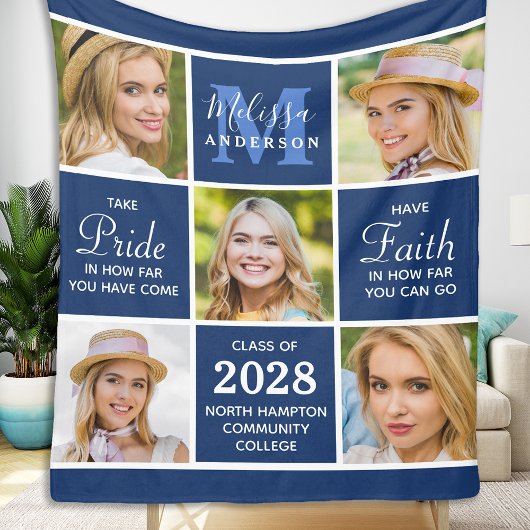 Custom Graduate 5 Foto Inspirational Navy Blue Fleecedecke