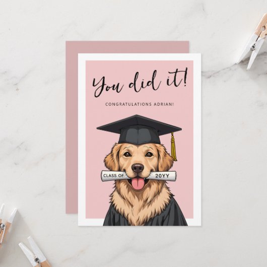 Custom Graduation Cute Golden Retriever Karte (Vorderseite/Rückseite Beispiel)
