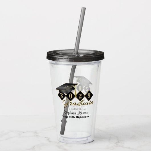 Custom Graduation Party Black Gold Acryltrinkbecher (Rückseite)