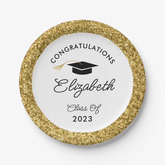 Custom Graduation Party für Schwarz und Gold Glitz Pappteller (Vorderseite)
