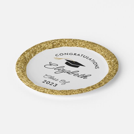 Custom Graduation Party für Schwarz und Gold Glitz Pappteller (Schrägansicht)