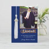 Custom Graduation Party Invite Blue/Orange Tassel Einladung (Stehend Vorderseite)
