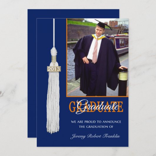 Custom Graduation Party Invite Blue/Orange Tassel Einladung (Vorne/Hinten)