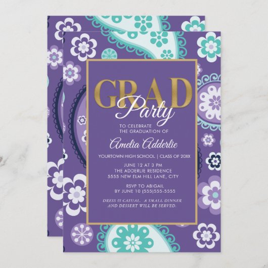Custom Graduation Party Lila Aquamarin Gold Paisle Einladung (Vorne/Hinten)
