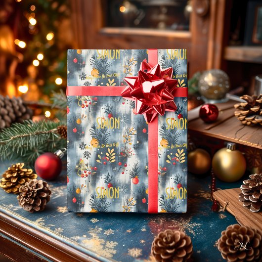 Custom Gray and Gold Weihnachtsschmuck Geschenkpapier