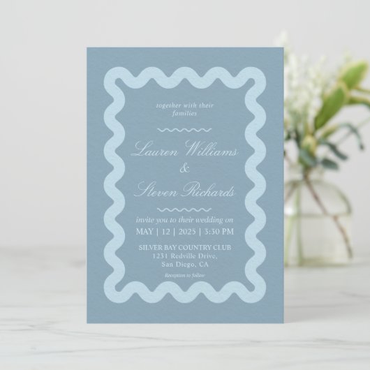 Custom Gray Blue Billows Border Wedding Einladung (Stehend Vorderseite)