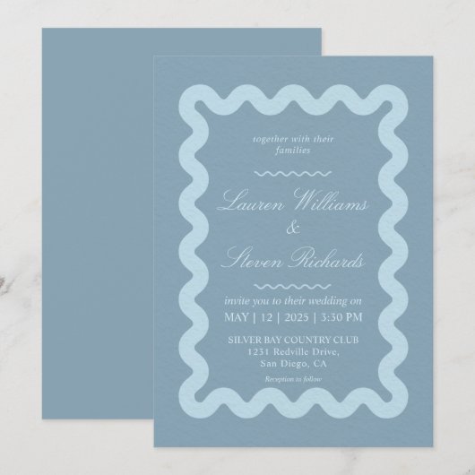 Custom Gray Blue Billows Border Wedding Einladung (Vorne/Hinten)
