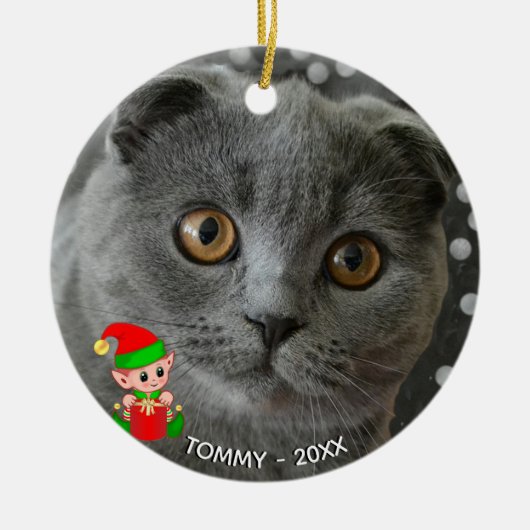 Custom Gray Cat Foto mit Niedlichem Elf Keramik Ornament (Vorne)