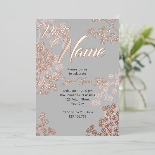 Custom Gray Pink Elegant Bloral Blubing Party Folieneinladung (Stehend vorne)