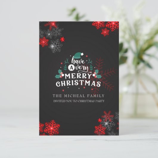 Custom Gray Red Glitzer Glitzern Frohe Weihnachten Einladung (Stehend Vorderseite)