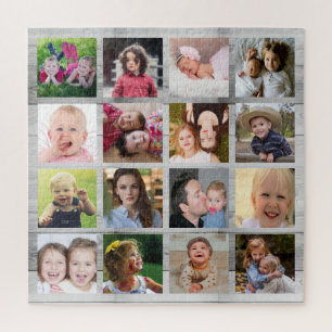 Custom Gray Wood 16 Square Familie Foto Collage Puzzle