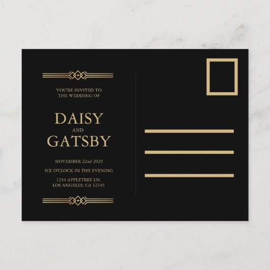 Custom Great Gatsby 1920s Save the Date Postcard Ankündigungspostkarte (Rückseite)