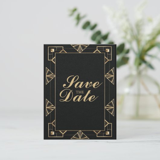 Custom Great Gatsby 1920s Save the Date Postcard Ankündigungspostkarte (Stehend Vorderseite)