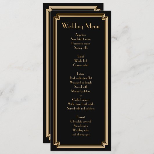 Custom Great Gatsby Art Deco Black Wedding Menü Menükarte (Vorne/Hinten)