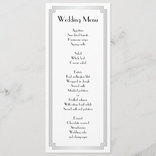 Custom Great Gatsby Art Deco Silver Wedding Menü Menükarte (Vorderseite)