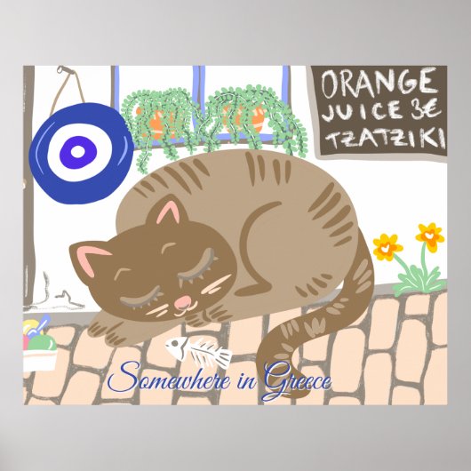 Custom Greek Taverna Cat Mediterranean Scene Poster (Vorne)
