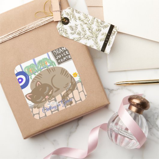 Custom Greek Taverna Cat Mediterranean Scene Quadratischer Aufkleber (Schenken)