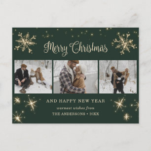 Custom Green 3 Photo Merry Christmas Postcards Feiertagspostkarte