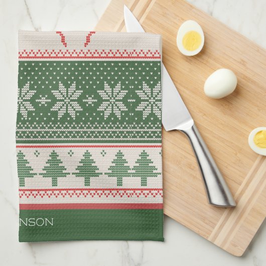 Custom Green and Red Nordic Christmas Pattern Geschirrtuch (Viertel Falte)
