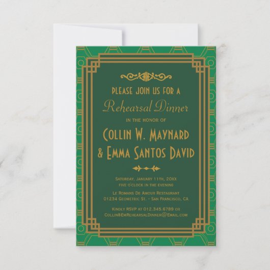 Custom Green Art Deco Probe Dinner Einladungen (Vorderseite)