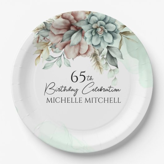 Custom Green Floral Vintag 65. Geburtstag Pappteller (Vorderseite)