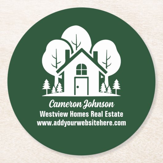 Custom Green Forest House Real Anwesen Company Runder Pappuntersetzer (Vorderseite)