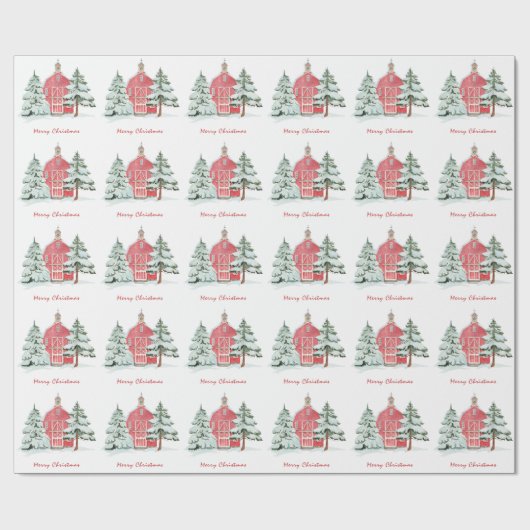 Custom Green Forest Red Barn Pine Weihnachtsbaum Geschenkpapier (Flach)