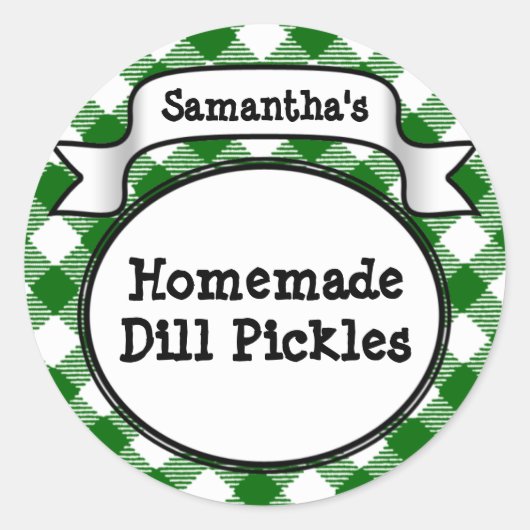 Custom Green Gingham Pickle Jar/Lid Label Runder Aufkleber (Vorderseite)