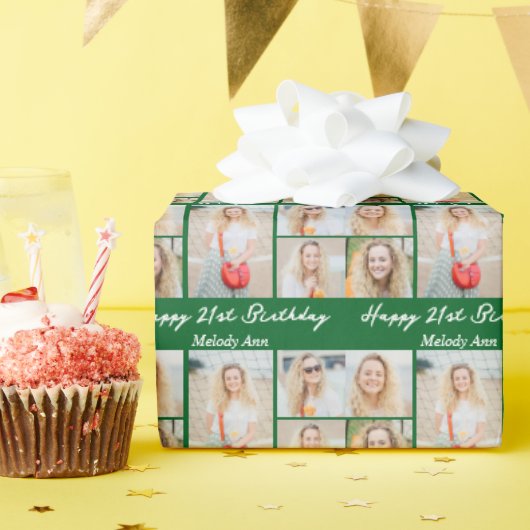 Custom Green Happy Birthday Photo Collage Geschenkpapier (Geburtstagsparty)