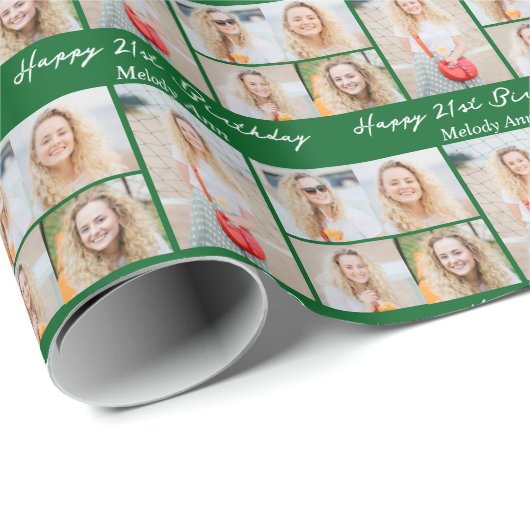 Custom Green Happy Birthday Photo Collage Geschenkpapier (Rolleneckpunkt)