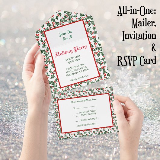 Custom Green Holly Red Berries All in one Invite Einladung