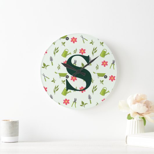 Custom Green Monogram Garding Große Wanduhr (Zuhause)