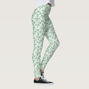 Custom Green on White Morning Glory Damask Muster Leggings