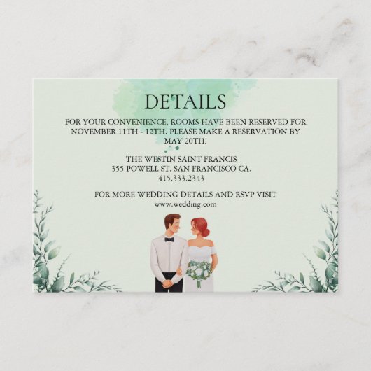 Custom green watercolor flowy wedding begleitkarte (Vorderseite)