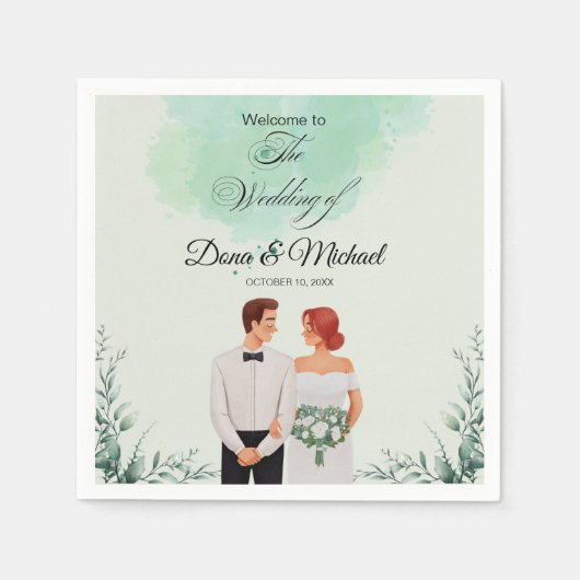 Custom green watercolor flowy wedding serviette (Vorderseite)