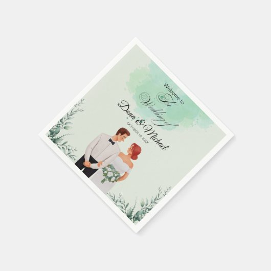 Custom green watercolor flowy wedding serviette (Ecke)