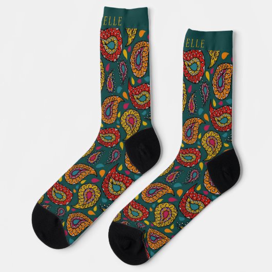 Custom Green Yellow Red Paisley Pattern Socken (Linkes Detail)