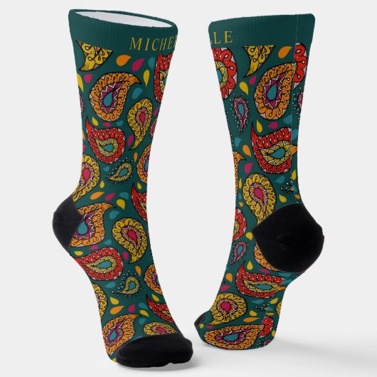 Custom Green Yellow Red Paisley Pattern Socken (Gewinkelt)