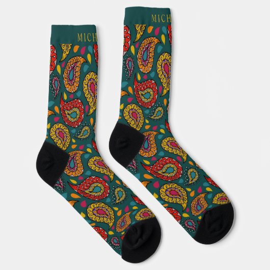 Custom Green Yellow Red Paisley Pattern Socken (Rechts)
